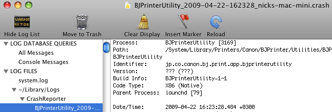 The Console app window with a crash log.