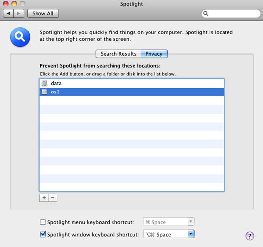 Spotlight privacy settings in System Preferences on Mac.