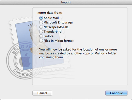 The Import dialog in the Apple Mail.